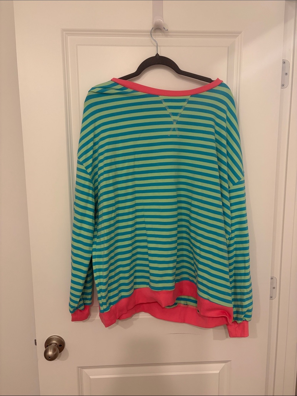 NWOT Striped Long-Sleeve Relaxed Top in Teal & Mint with Coral Trim